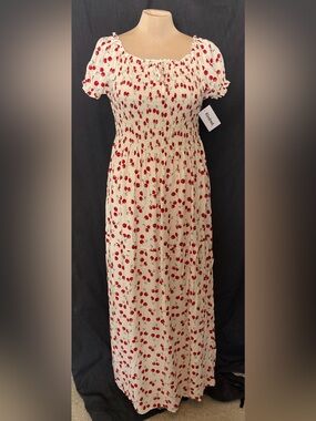 Anthropologie Kindred Cream Cherry-Print Smocked Maxi Dress w/ Puff Sleeves NWT
